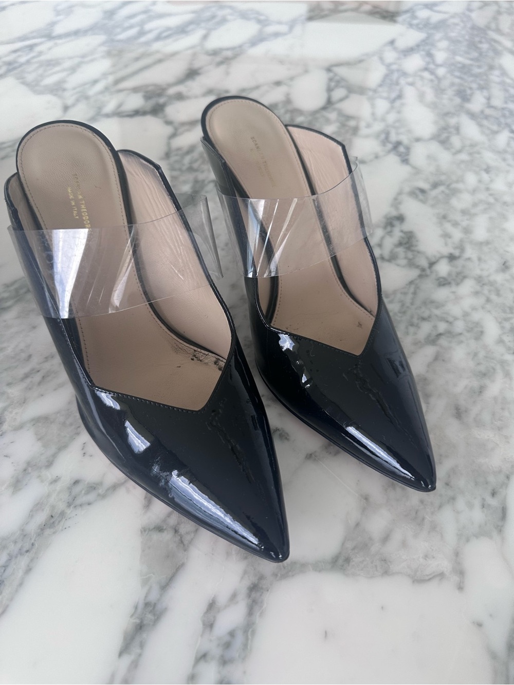 Scanlan Theodore Black Patent PVC Strap Mules Pointed Toe Heels 39 Made in Italy